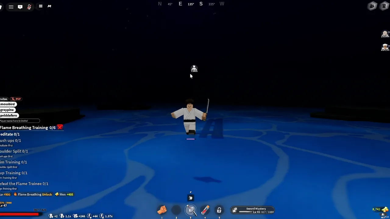 Flame Breathing Training quest tracker on screen during sword combat in Project Slayers 2