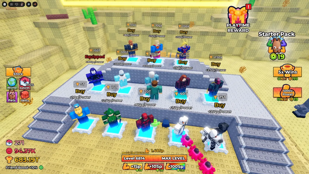 Store screen listing several character upgrades with Buy buttons for power boosts