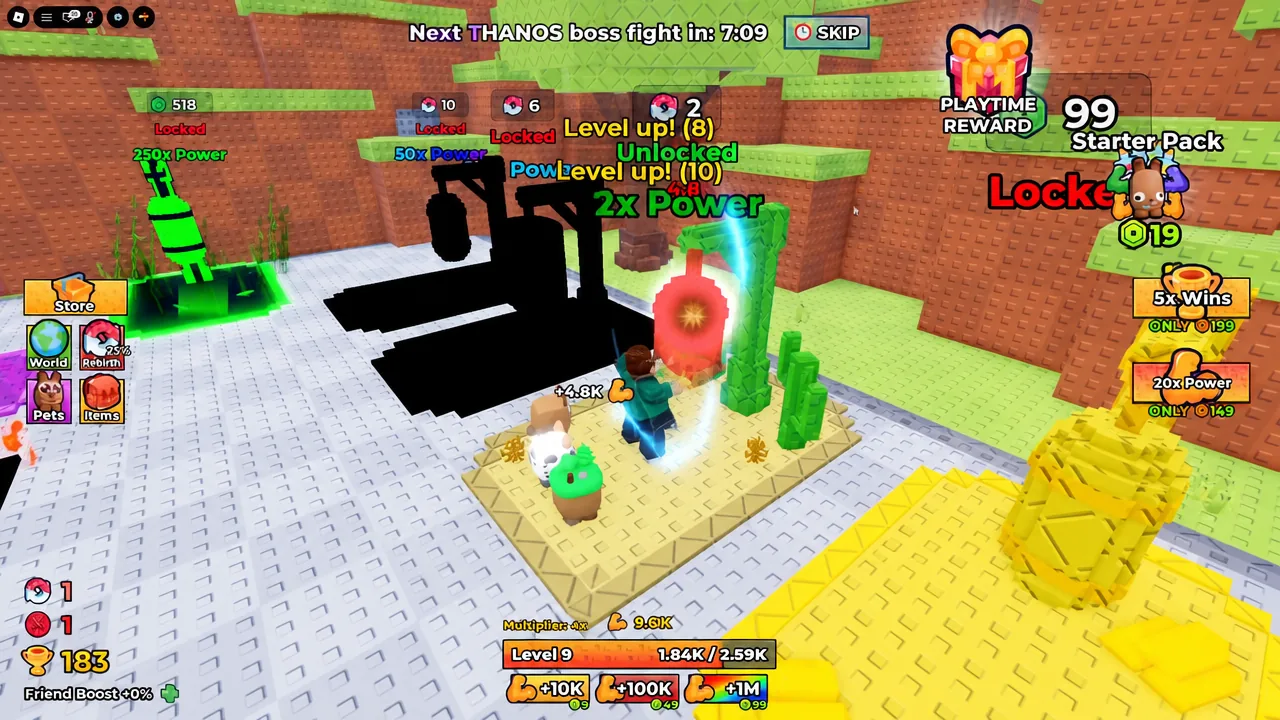Gameplay screen with the Level 9 progress bar and power-up buttons beside a glowing upgrade object