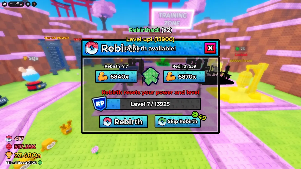 The Rebirth available dialog open with the Rebirth button ready to press