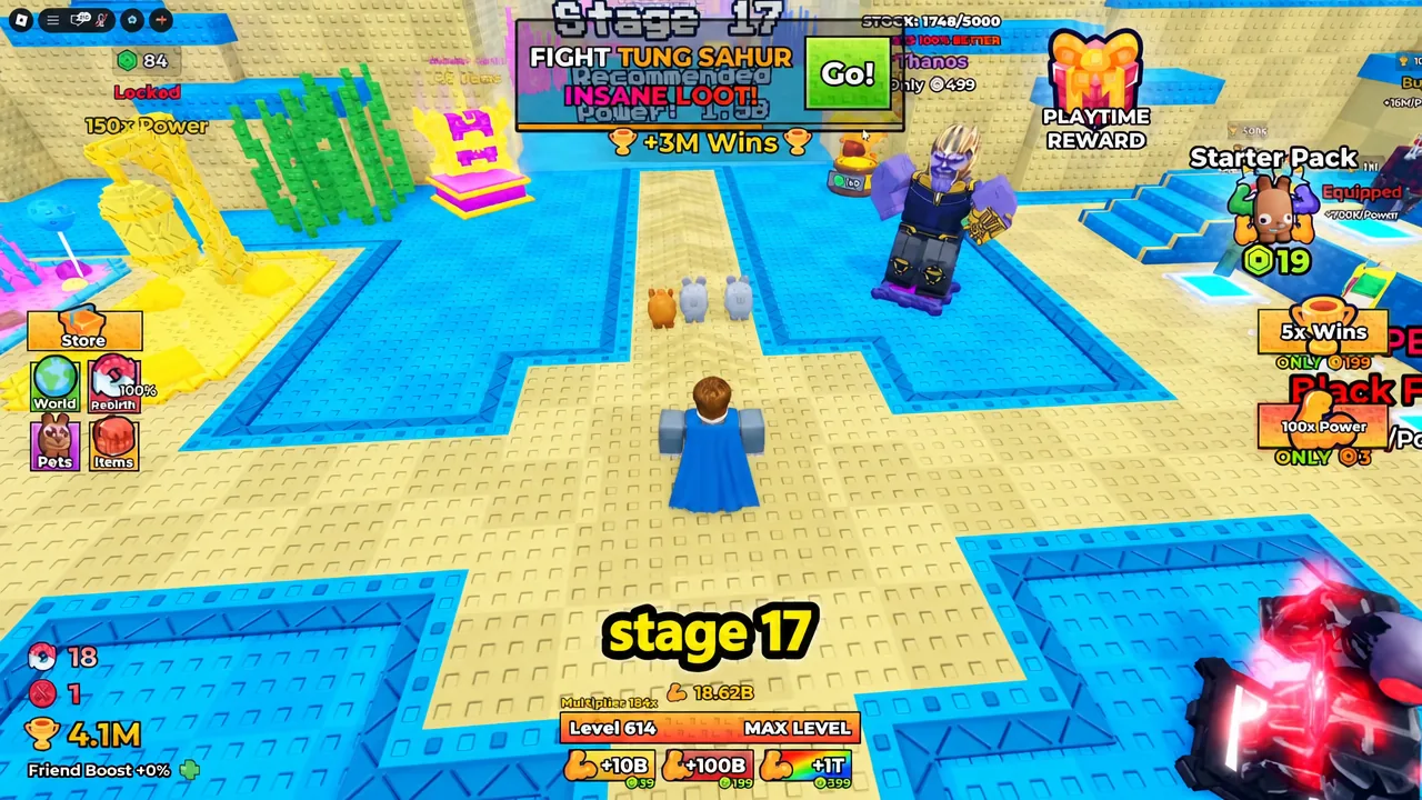 Stage 17 fight prompt with a Go button to start the Tung Sahur boss battle