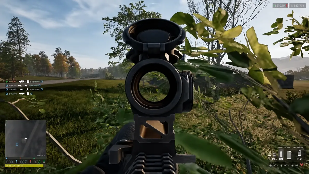 Aiming down sights through a scope at foliage during a WARDOGS firefight