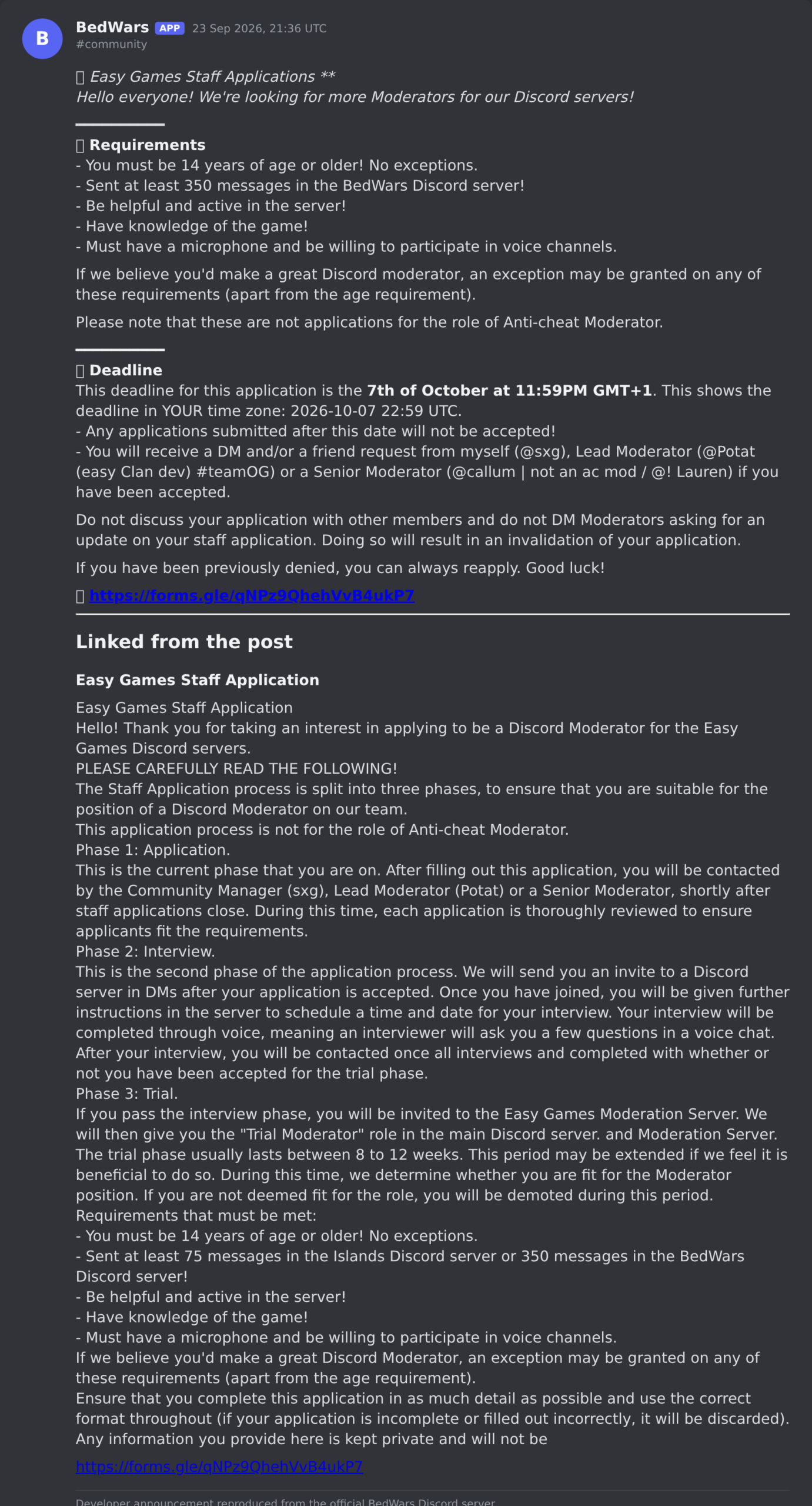 The BedWars update post in the game's Discord server