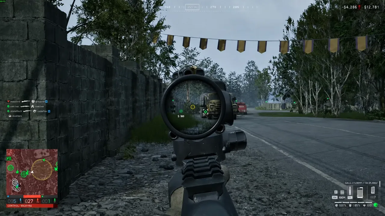 Aiming down a rifle scope at a marked enemy target on a road during a firefight