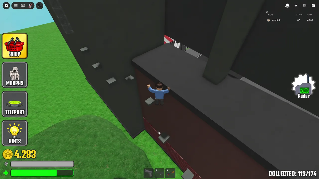 Avatar crossing a dark obstacle course in SCP MORPH with the Shop button lit up