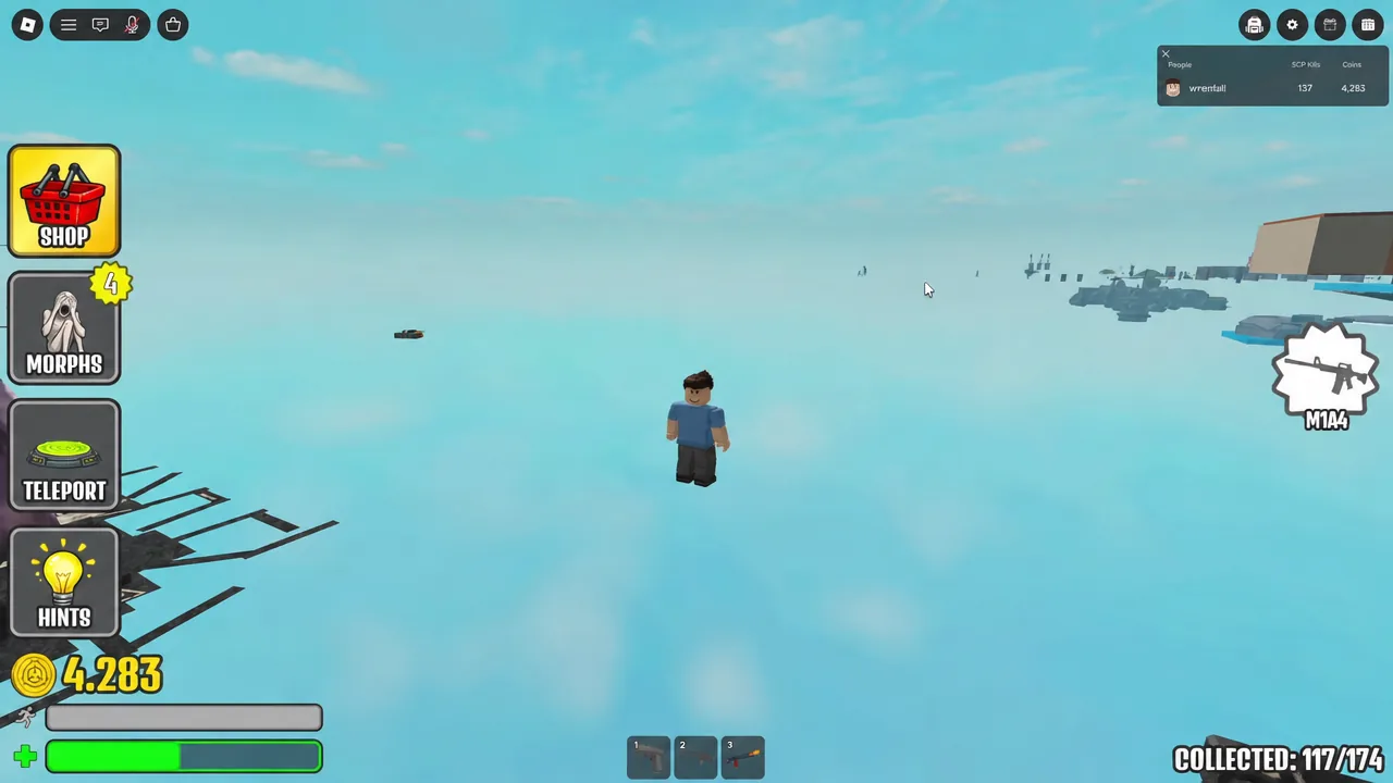 Player avatar exploring the map with the M14A weapon indicator, hotbar, and health HUD on screen