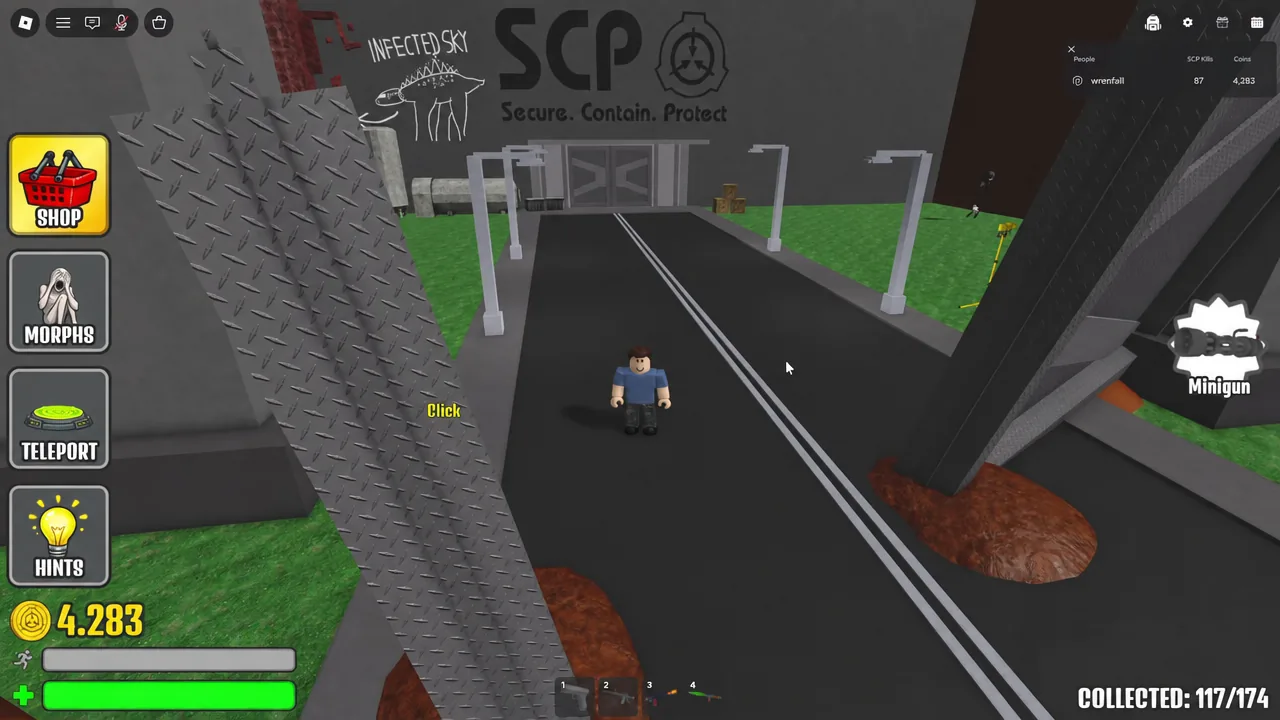 SCP MORPH gameplay with the SHOP button highlighted before opening the purchase menu
