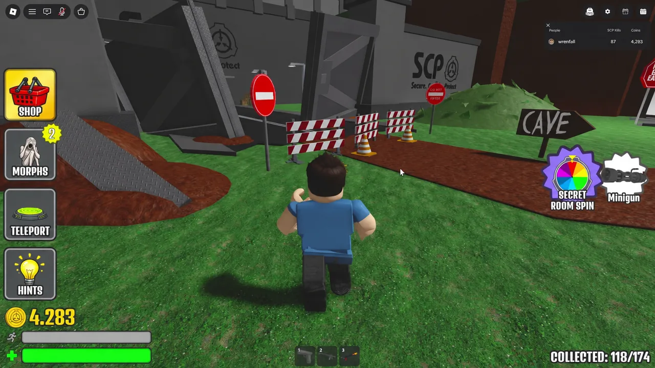 Avatar approaching a barricaded cave entrance with the Secret Room spin control on screen