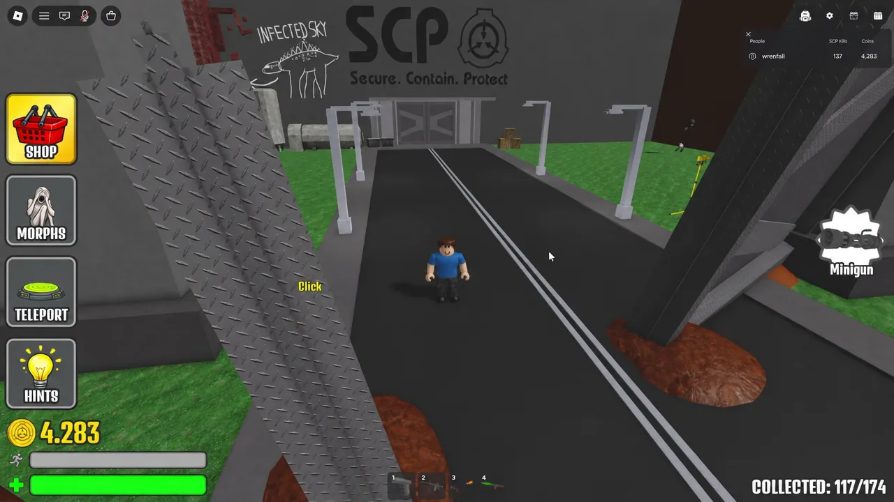 Gameplay view with a Click prompt on an interactable object and the Shop button highlighted