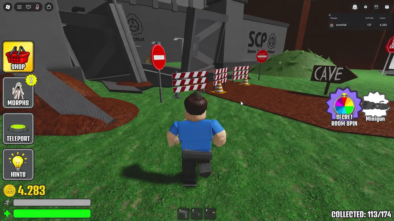 Player character running toward the barricaded SCP facility entrance beneath a CAVE sign