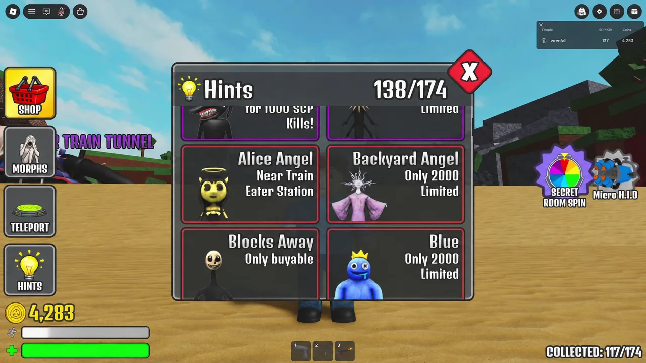The SCP MORPH hints menu listing Alice Angel, Backyard Angel, Blocks Away, and Blue entries