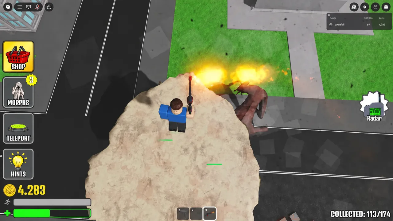 Player firing a weapon from slot 3 at a monster in SCP MORPH