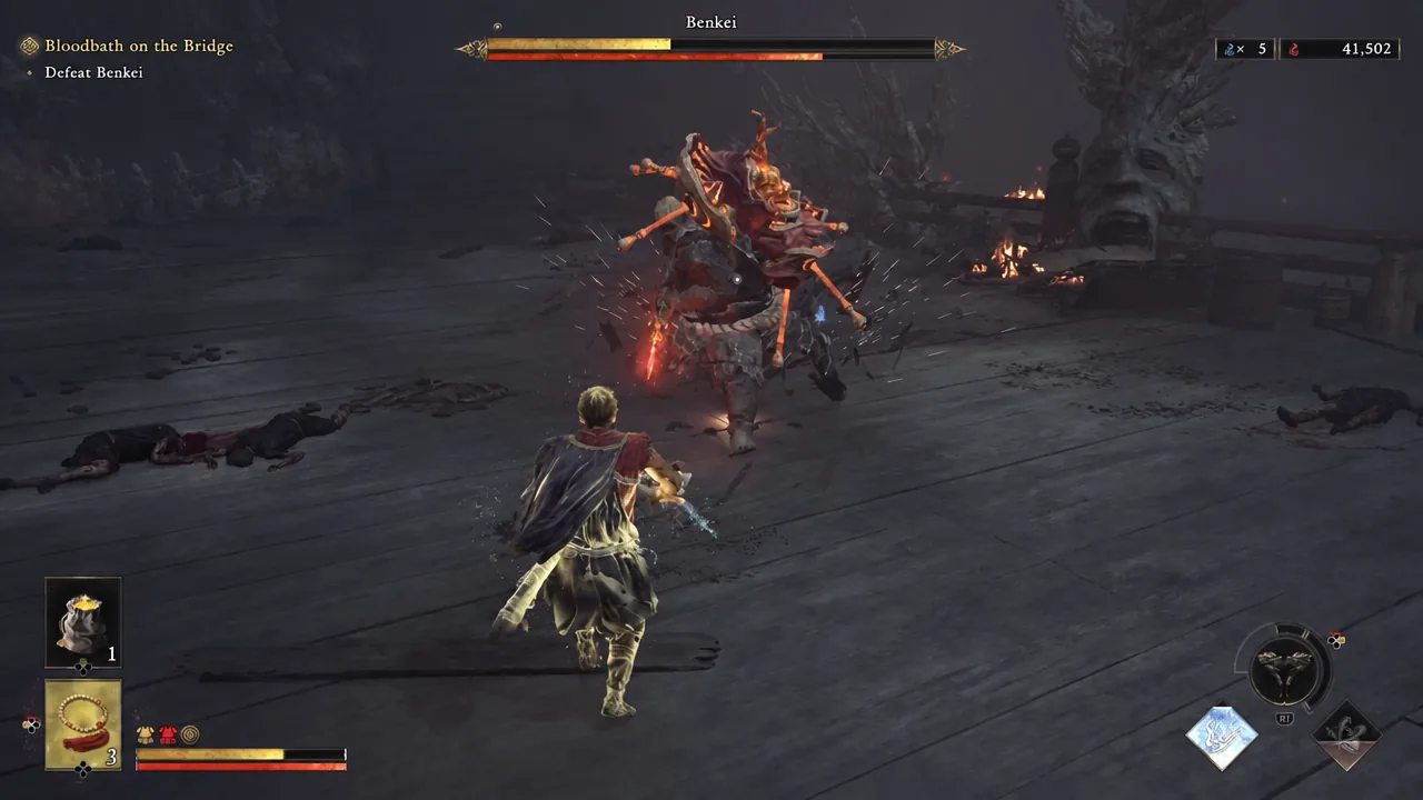 Musashi trades blows with Benkei while the boss health bar sits at the top of the screen