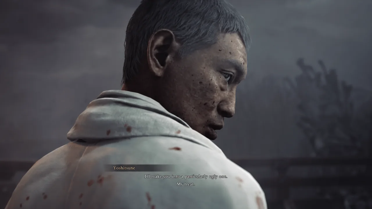 Yoshitsune speaking in the post-fight cutscene with subtitles on screen