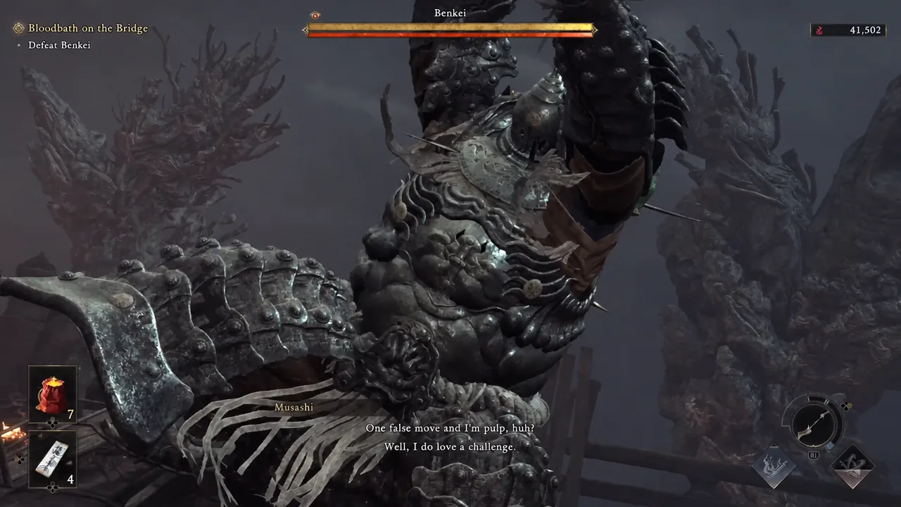 The Bloodbath on the Bridge objective tracker with "Defeat Benkei" active.