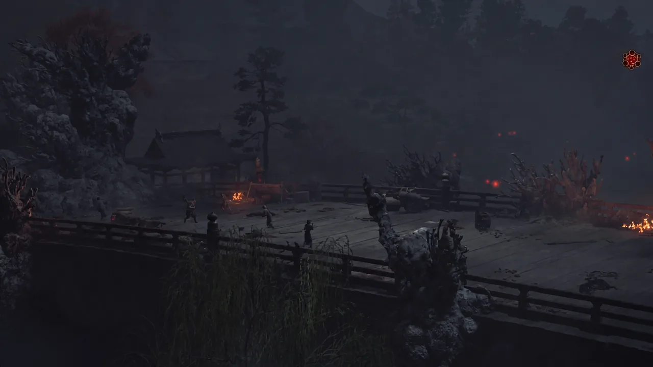 Cutscene at Gojo-ohashi Bridge as the armored Benkei blocks the crossing with his naginata