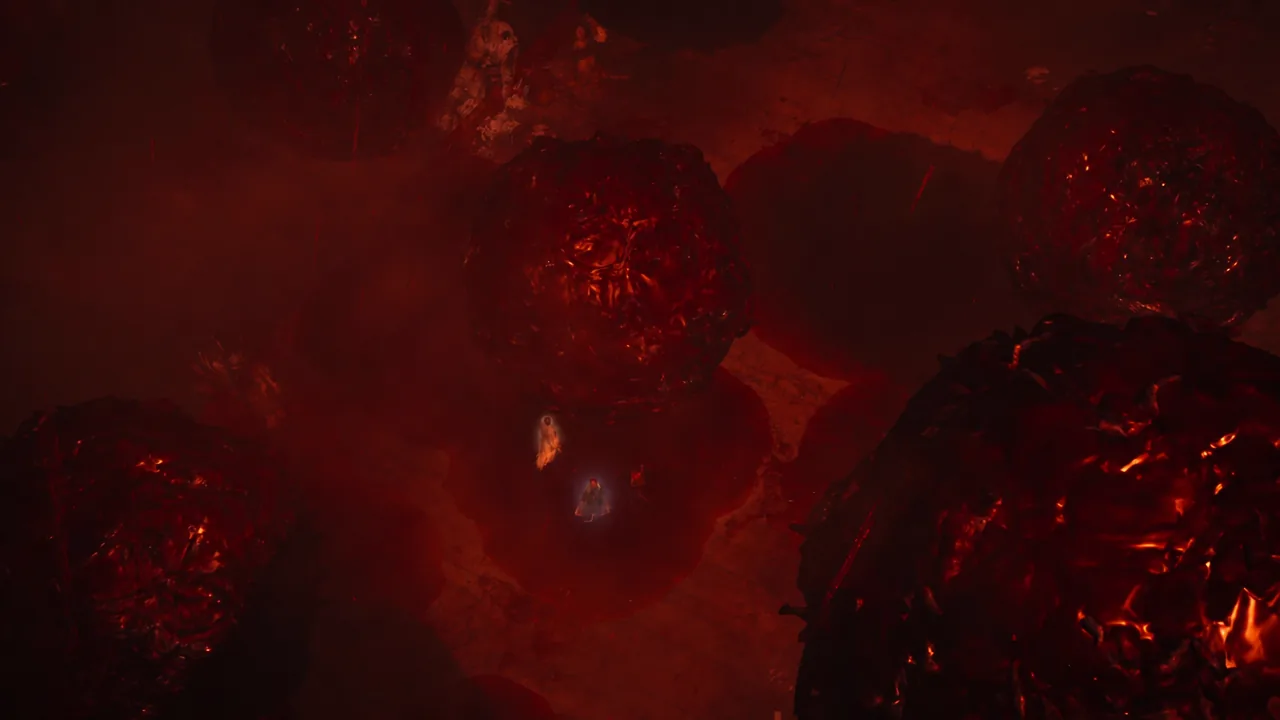 Musashi stands dwarfed by a glowing figure inside a red-lit volcanic cavern