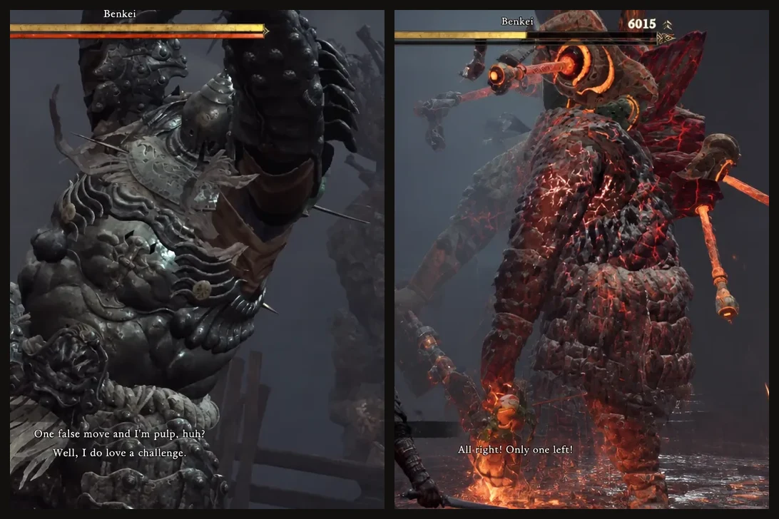Side-by-side of Benkei in plain armor on the left and with fire-infused weapons on the right during Blood Bath on the Bridge