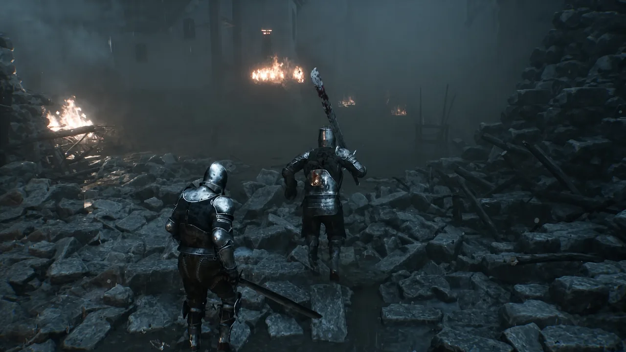 Armored knight advances behind an ally through burning rubble during The Schism of Mammon memory.