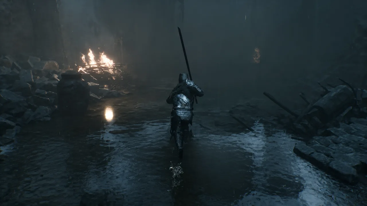 Armored character wading through a dark flooded chamber lit by fire