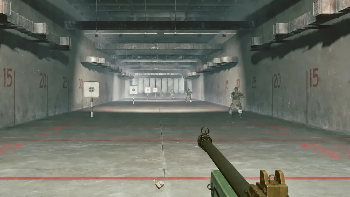 Player aiming a rifle at practice targets in the firing range