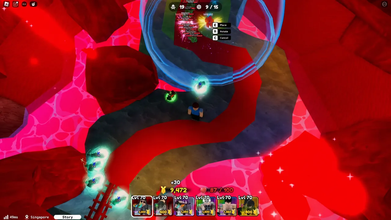 Roblox placement mode active, showing the E Place, R Rotate and C Cancel prompts on screen