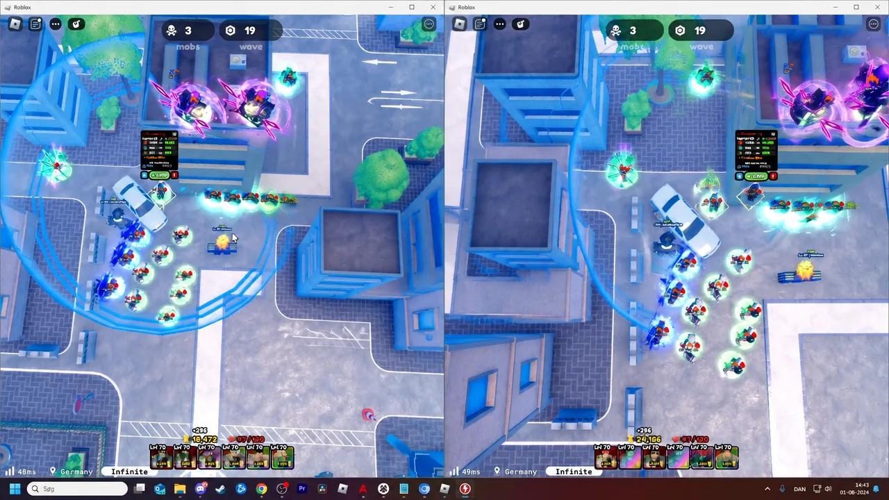 Two Roblox client windows side by side mid-wave, each with units already deployed