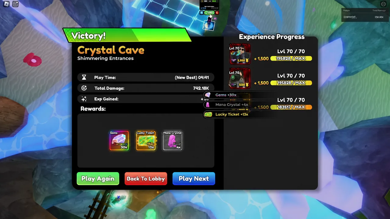 Stage victory screen with a Gems 30x reward highlighted and the experience bar filling