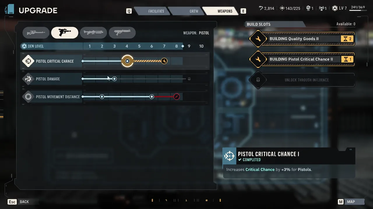 Weapons tab showing Pistol Critical Chance I completed alongside pistol upgrade stats