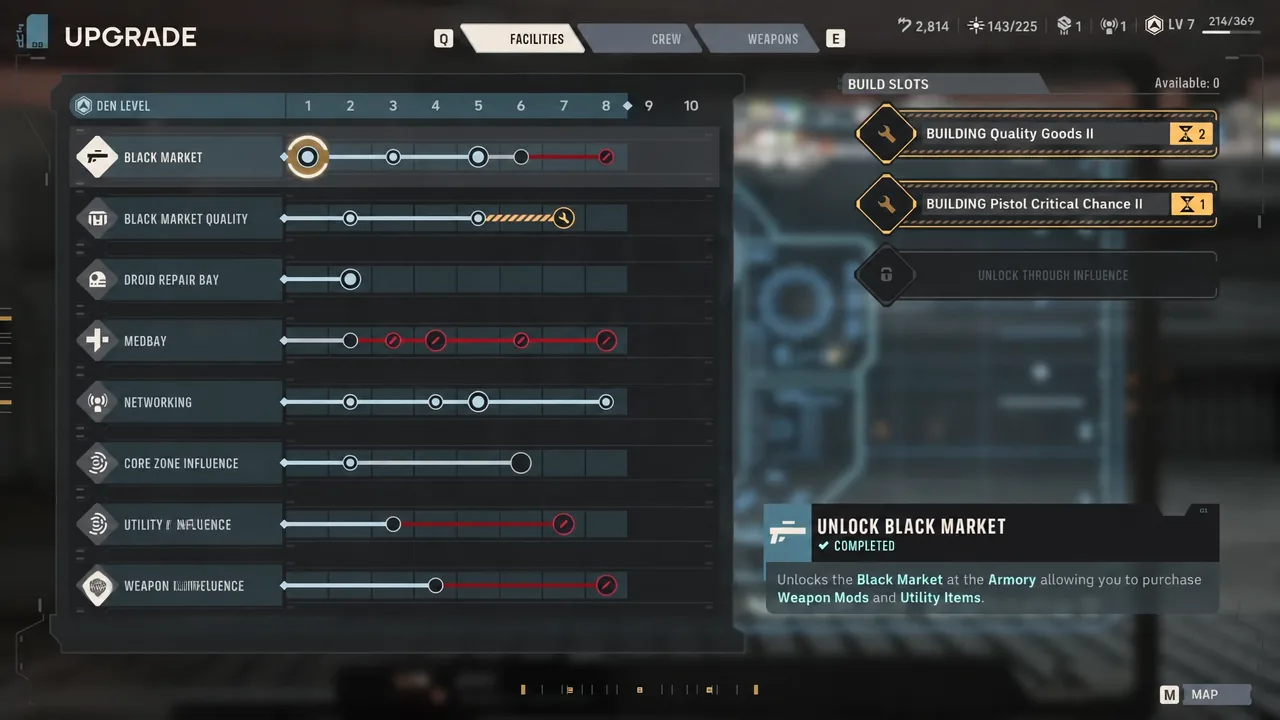 Facilities tab of the Den upgrade screen with Black Market selected and its unlock marked complete