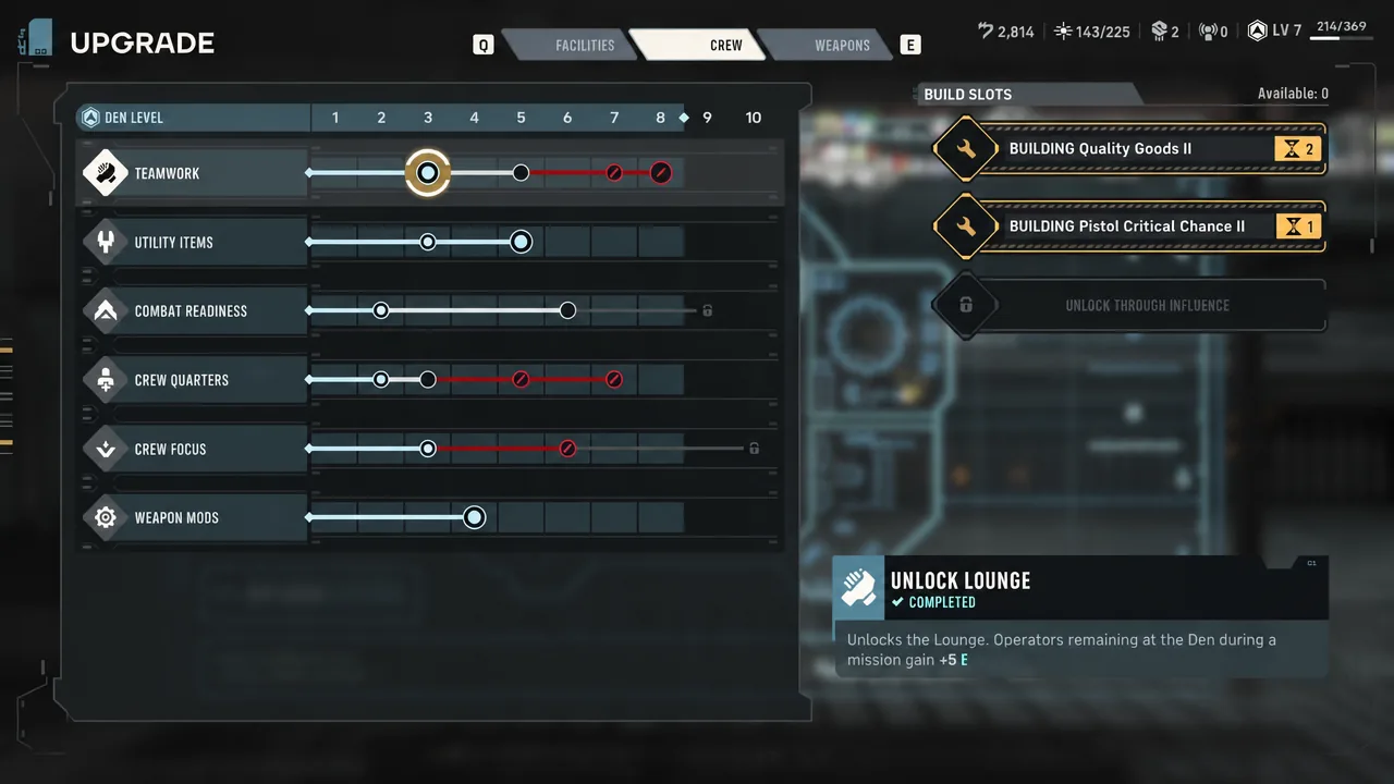 Crew tab of the Den upgrade screen with the Teamwork line selected