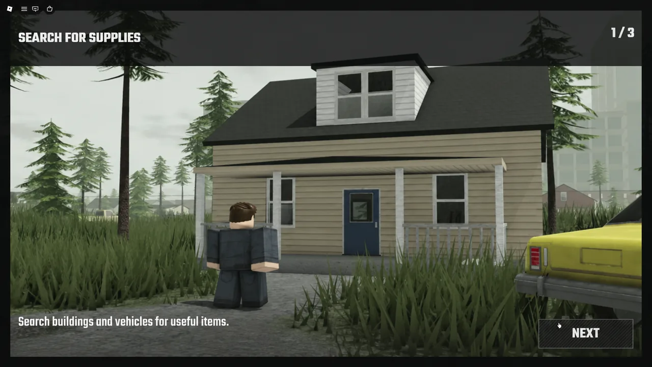 Search for supplies tutorial prompt telling the player to search buildings and vehicles