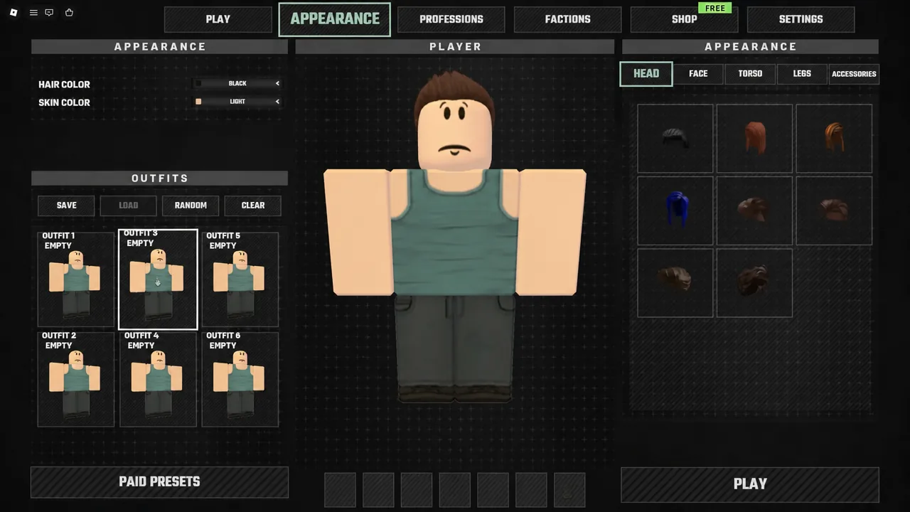 Appearance menu open on the Head tab with hairstyle options for the player character
