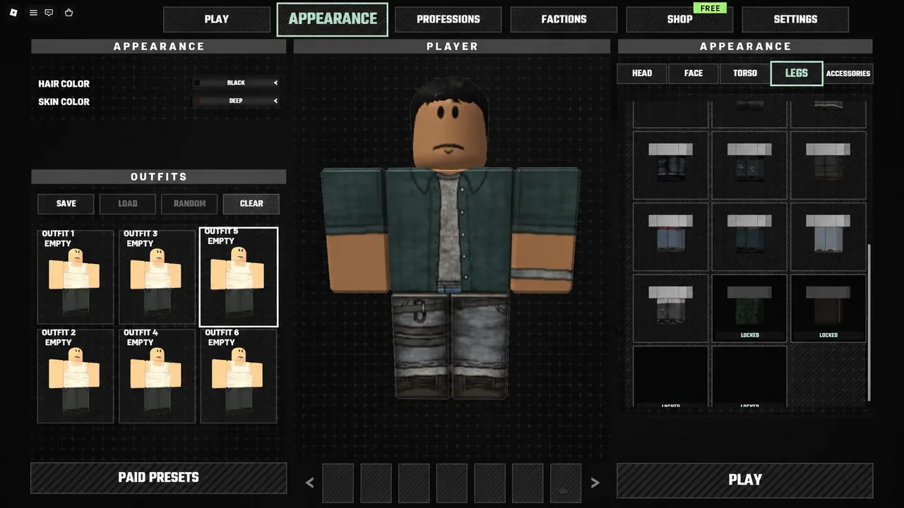 Legs tab selected in the Appearance menu while choosing a dark trouser option