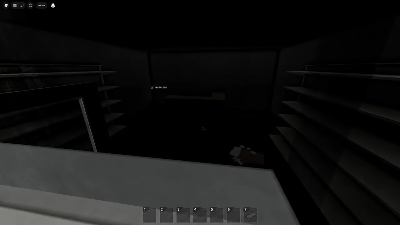 Dark store interior with stripped shelves and the player's hotbar along the bottom of the screen