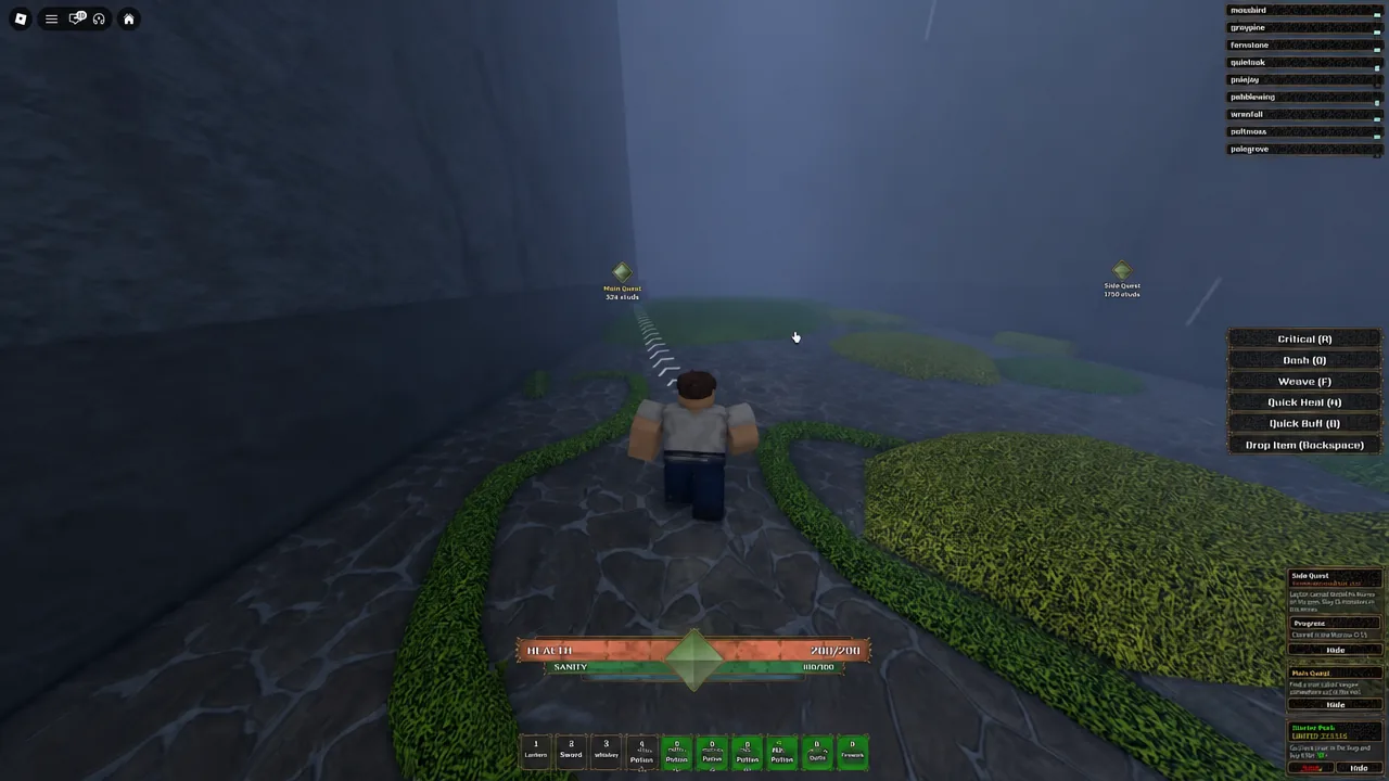 Player traveling along a lit path toward an NPC and quest marker in The Veil