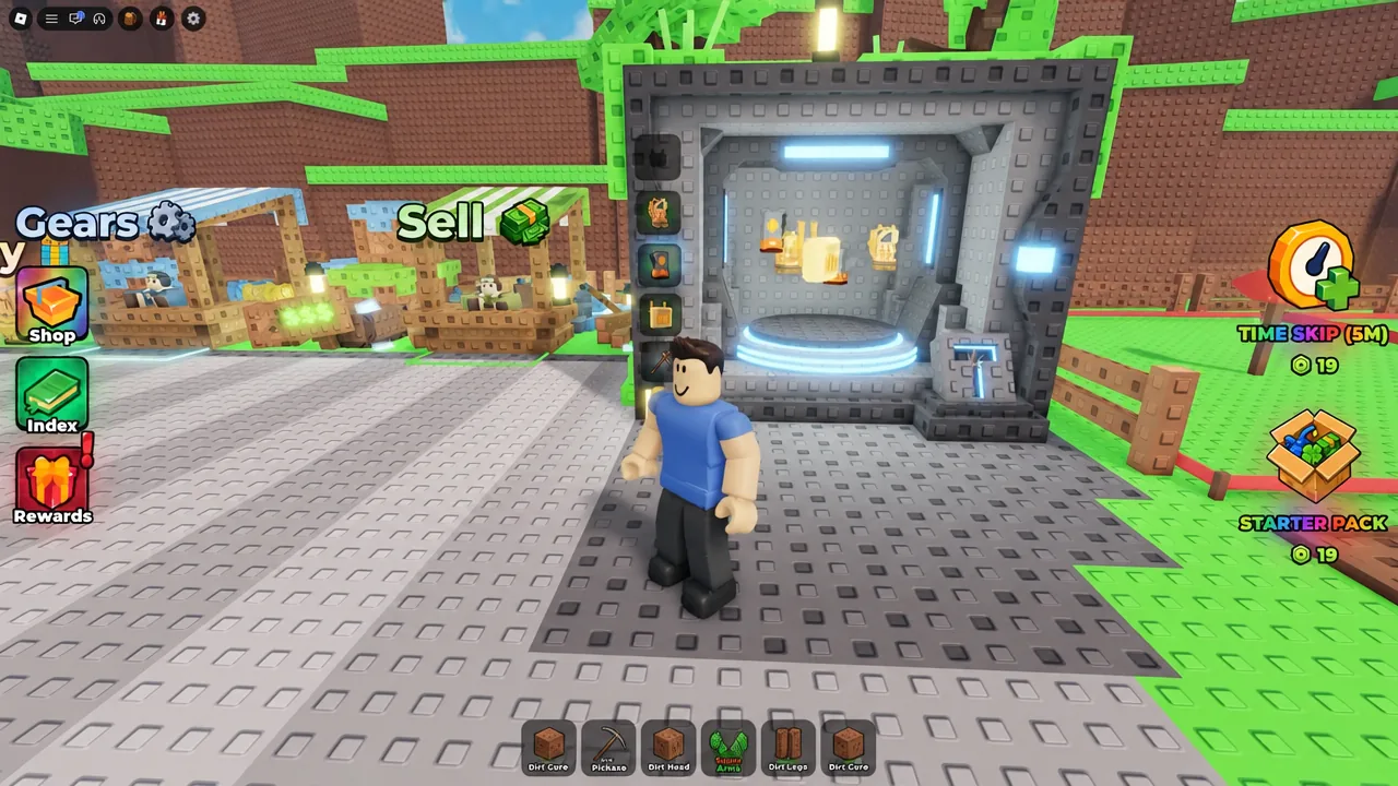 Player avatar standing in front of a glowing ore processing machine beside the Sell shop