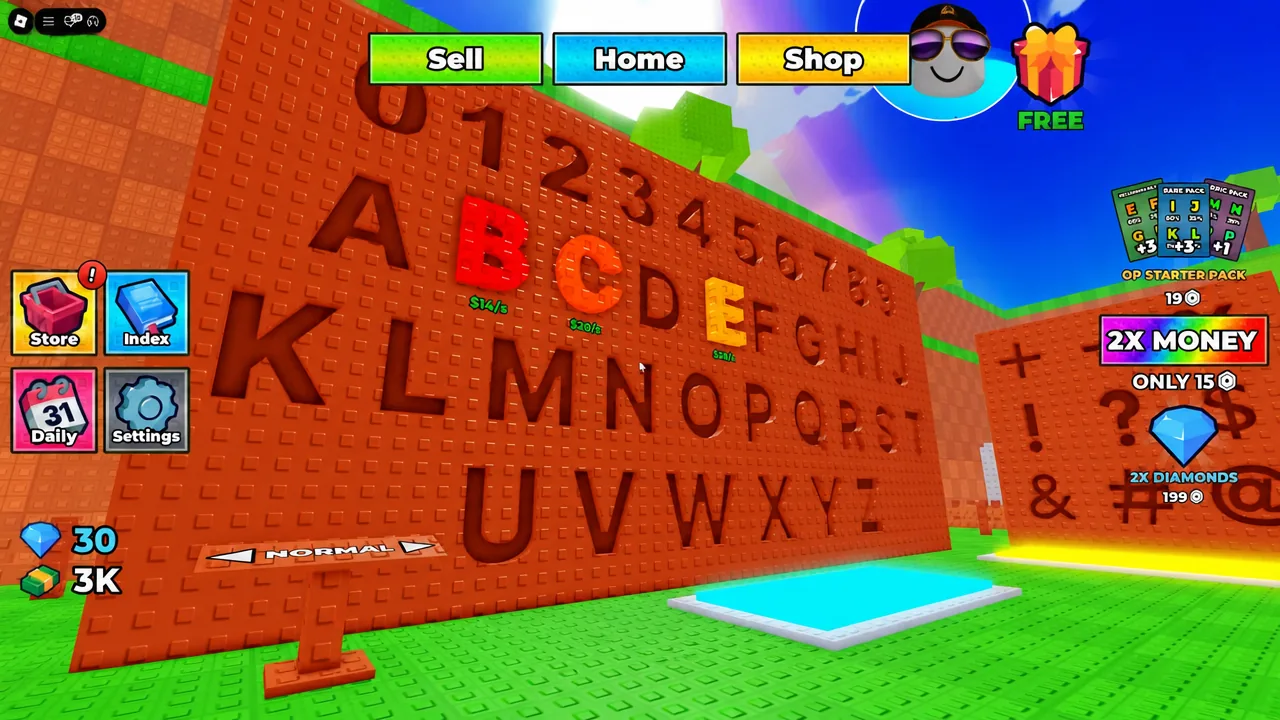 Home menu open showing the alphabet wall and blue platform