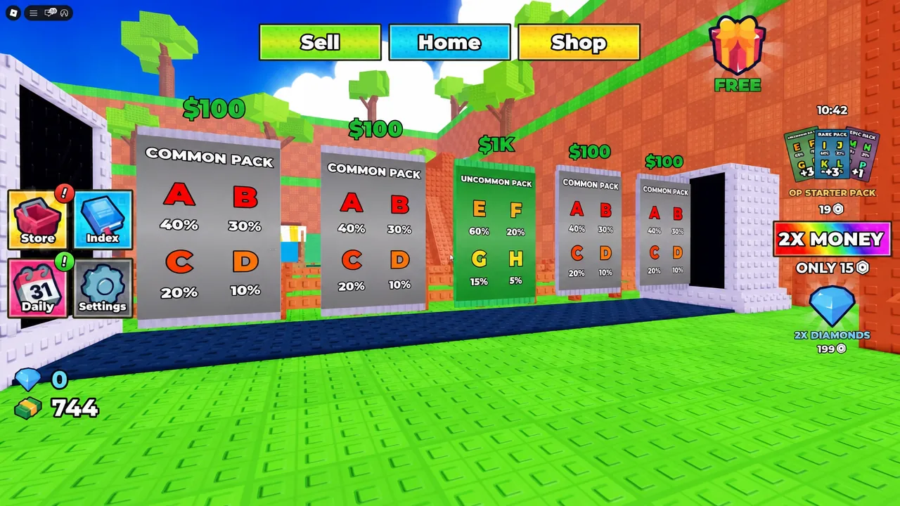 Shop screen open with the Shop button selected and pack rarity panels visible
