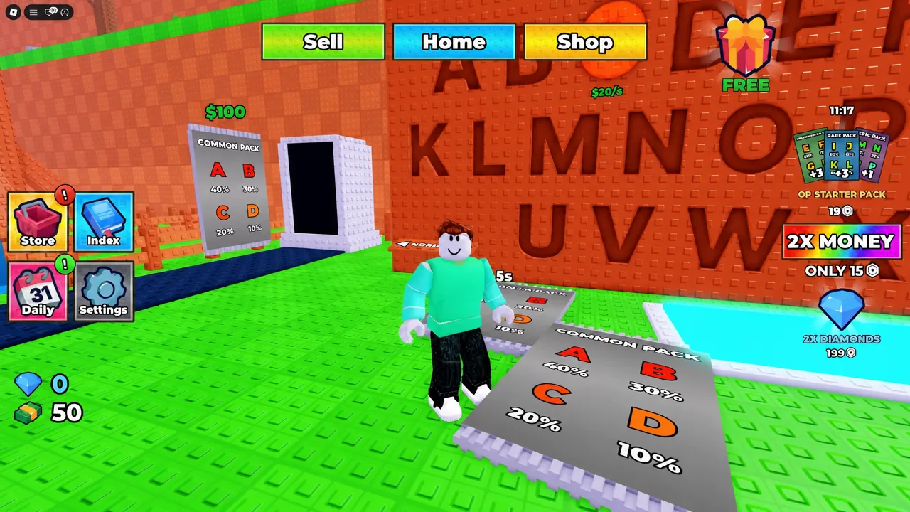 Player avatar standing beside the Common Pack odds board at the base