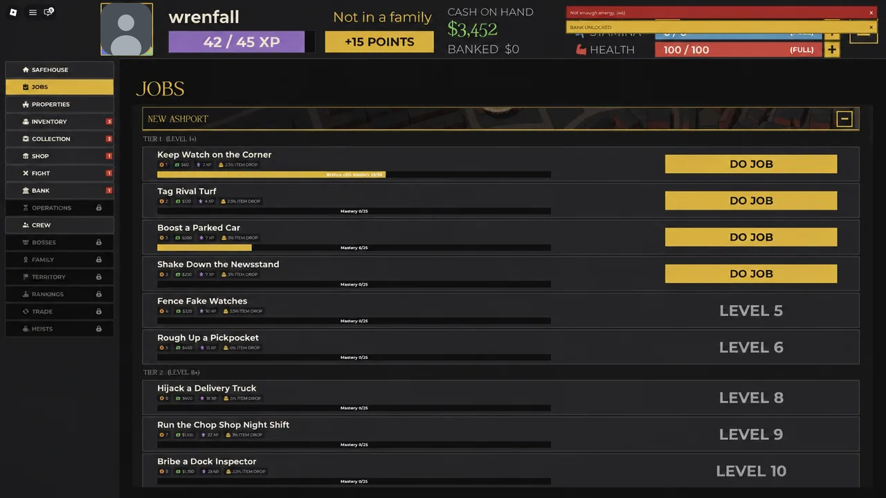 Jobs tab open with Keep Watch on the Corner and its DO JOB button ready