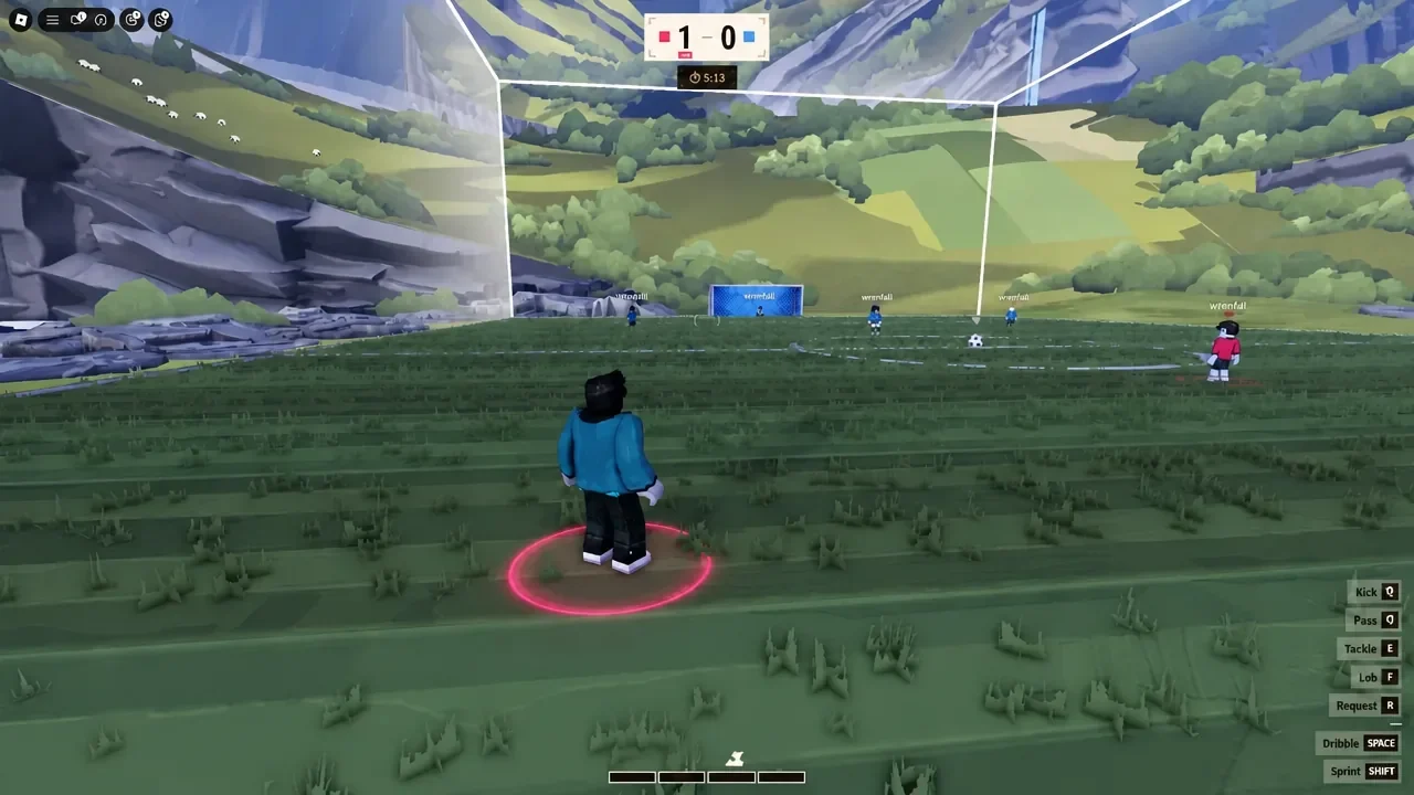 Illegal Soccer match view with the kick, pass, tackle, lob, request, dribble and sprint prompts listed on the right