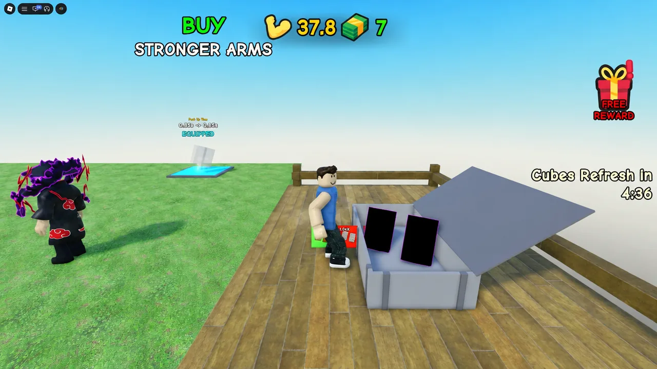 The BUY STRONGER ARMS prompt shown over the blue upgrade pad during purchase