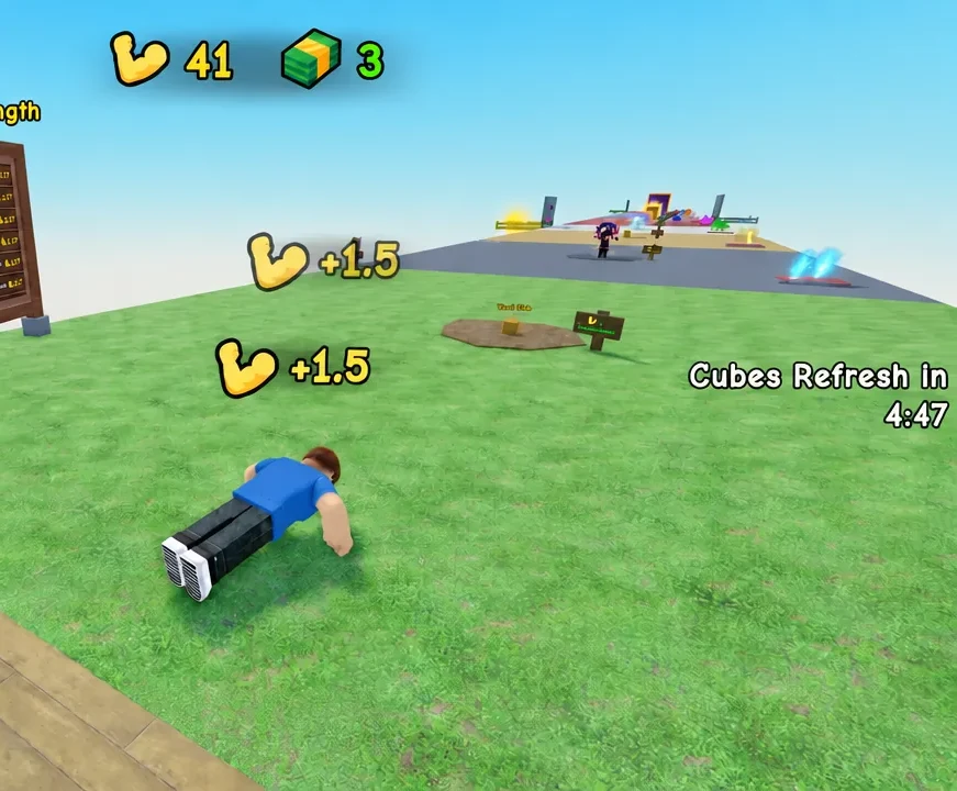 Avatar doing push-ups on the grass as the strength counter ticks up by 1.5 per rep