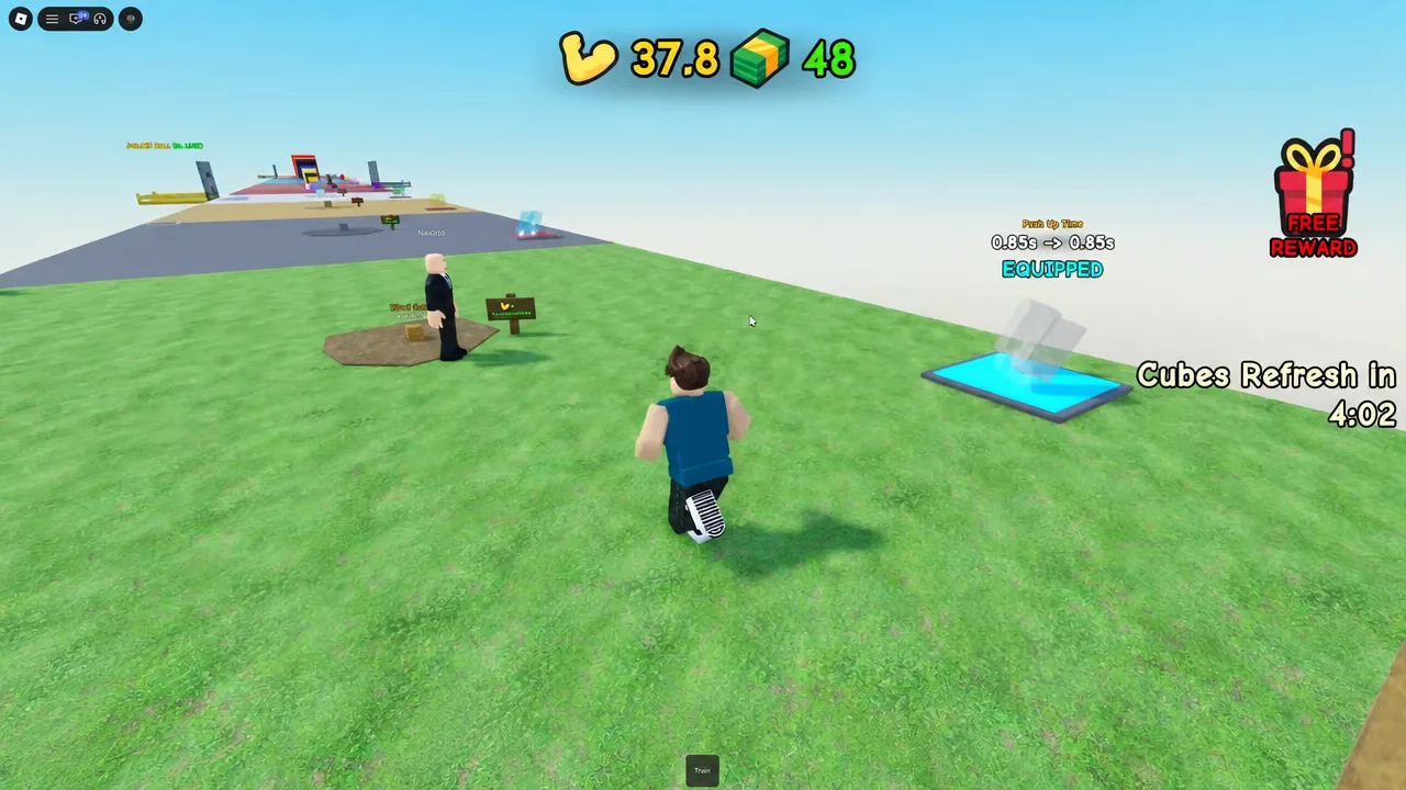 Player running across the map toward a cube marked with its weight and recommended strength
