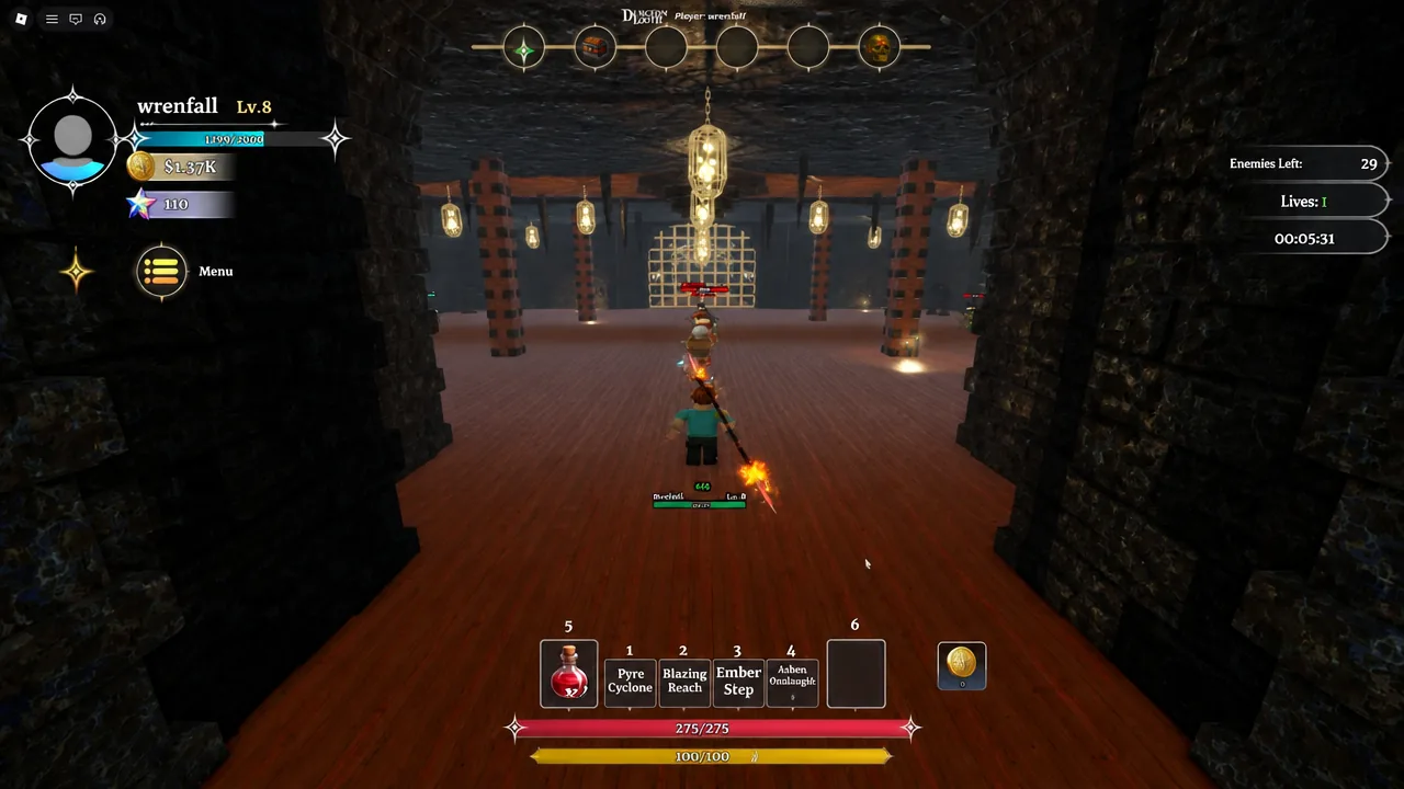 Boss Rush combat with the menu button, enemy counter, lives, timer, and ability bar on screen