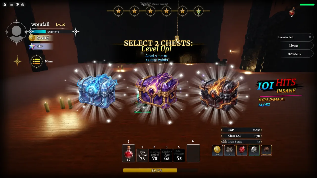 The Select 2 Chests Level Up reward screen showing three chests to choose two from