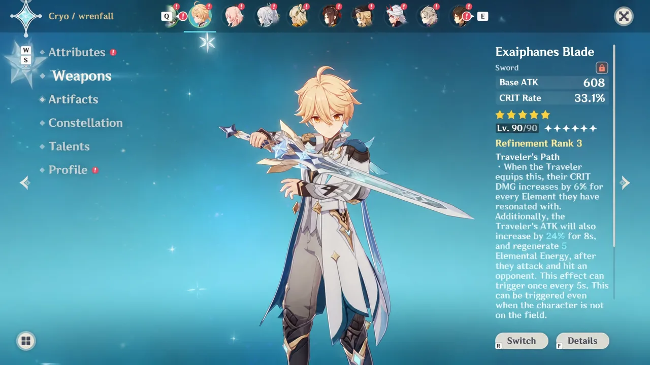 Weapons screen showing the Traveler's Exaiphanes Blade with its stats and passive effect