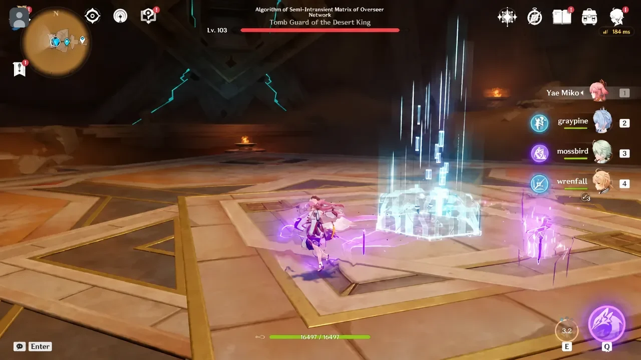 Combat screen with the burst ability lit up during the ATK, ATK, CRIT DMG build test