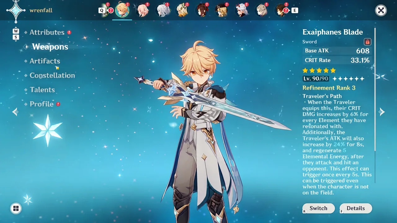 Attributes menu with the Weapons tab open, showing Exaiphanes Blade details for the selected character